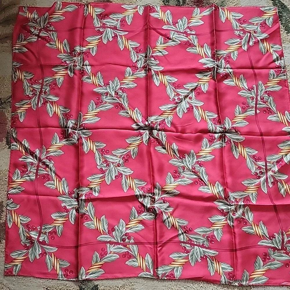 Vintage Oscar De La Renta Silk Square Scarf Red Cherry Holly Berry Print 34 X 35